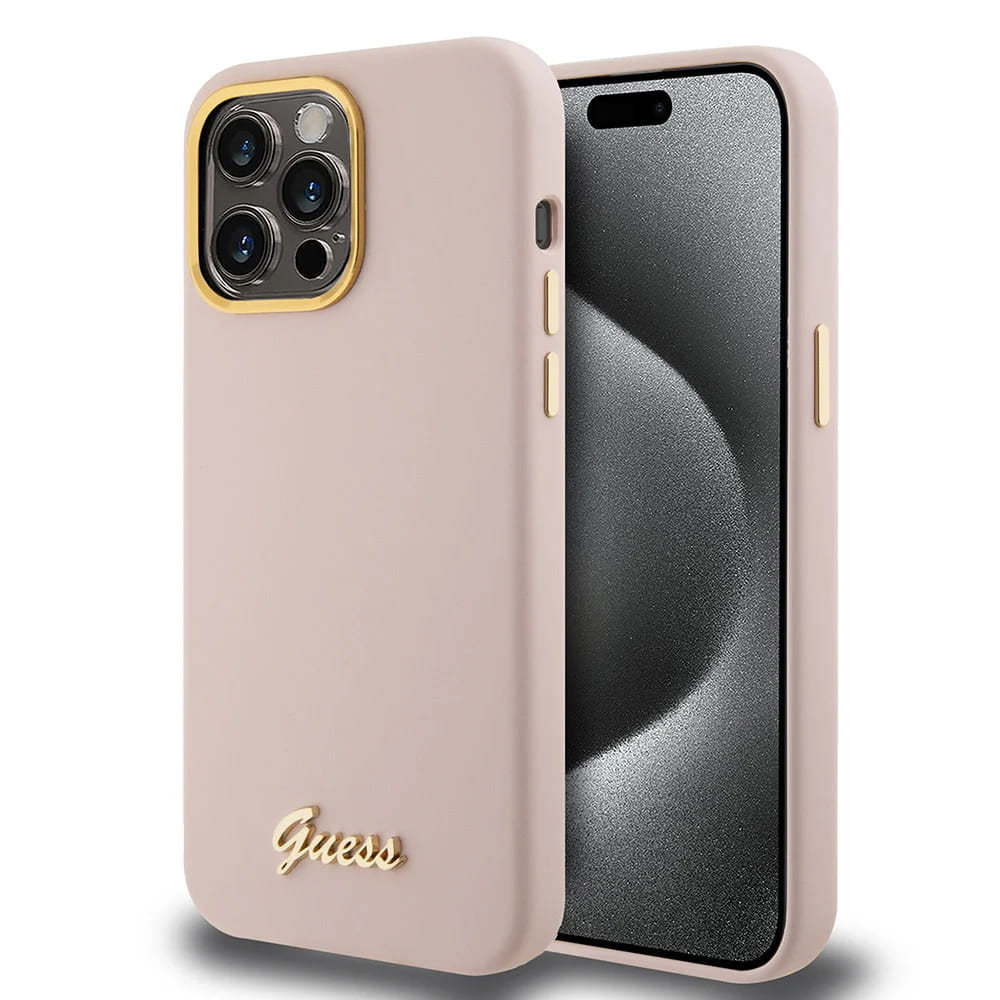 Husa pentru iPhone 15 Pro - Guess Silicone Script Metal Logo & Frame (GUHCP15LSMBSLP) - Light Pink