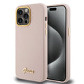 Husa pentru iPhone 15 Pro - Guess Silicone Script Metal Logo & Frame (GUHCP15LSMBSLP) - Light Pink