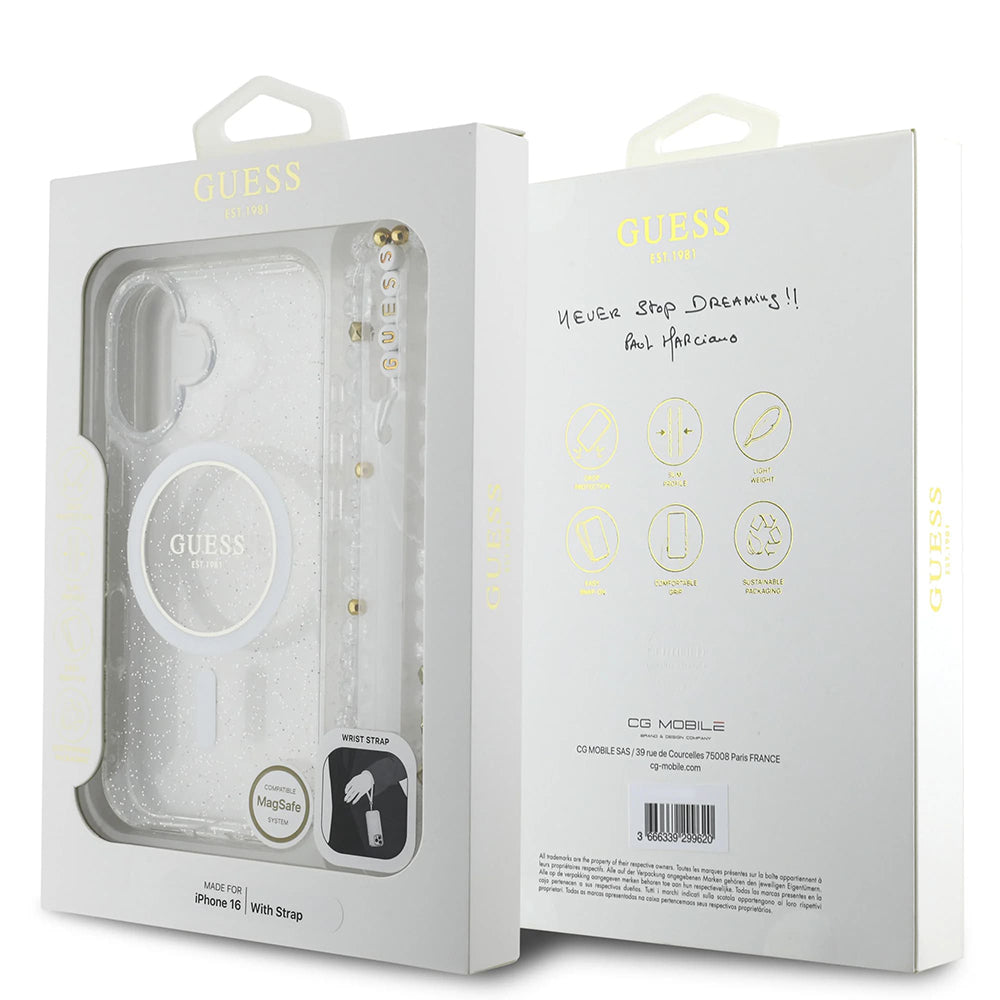 Guess - IML Glitter with Pearl Strap MagSafe (GUHMP16MHGCRELST) - iPhone 16 Plus - Clear