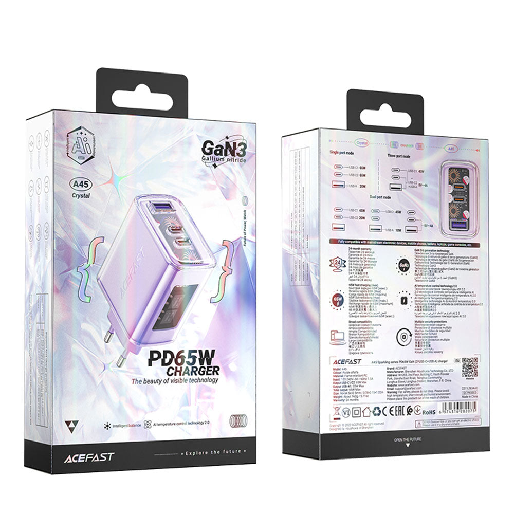 Acefast - Wall Charger Exploration Series (A45) - 2 x USB-C, USB, GaN, PD65W, Fast Charging - Purple