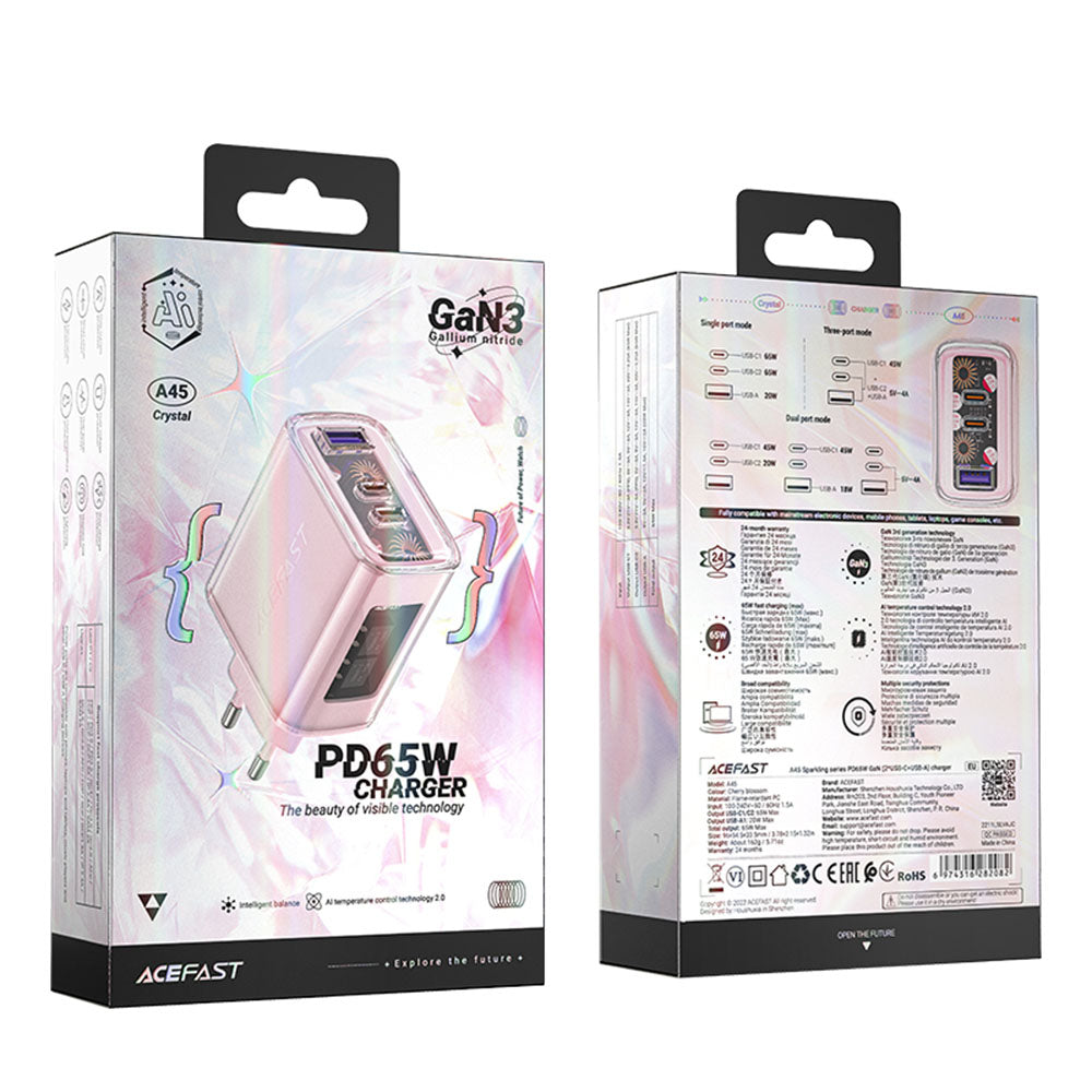 Acefast - Wall Charger Exploration Series (A45) - 2 x USB-C, USB, GaN, PD65W, Fast Charging - Cherry Blossom