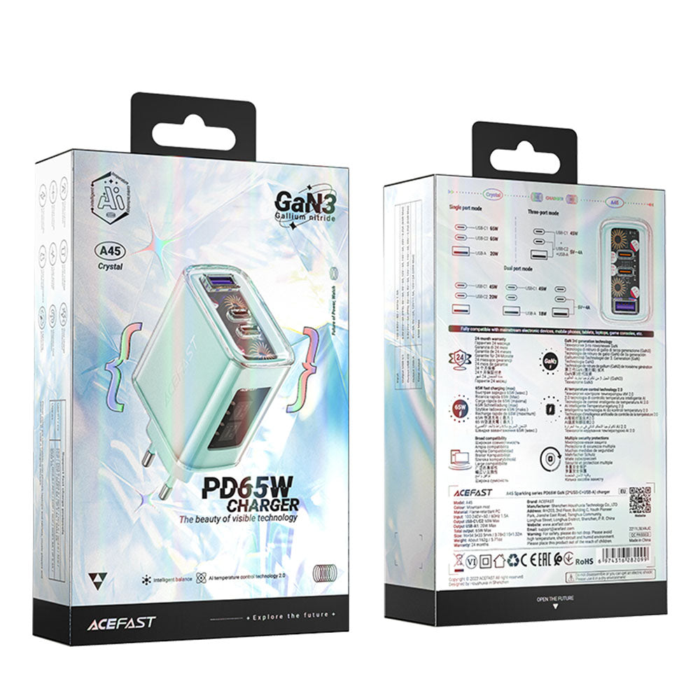 Acefast - Wall Charger Exploration Series (A45) - 2 x USB-C, USB, GaN, PD65W, Fast Charging - Mountain Mist