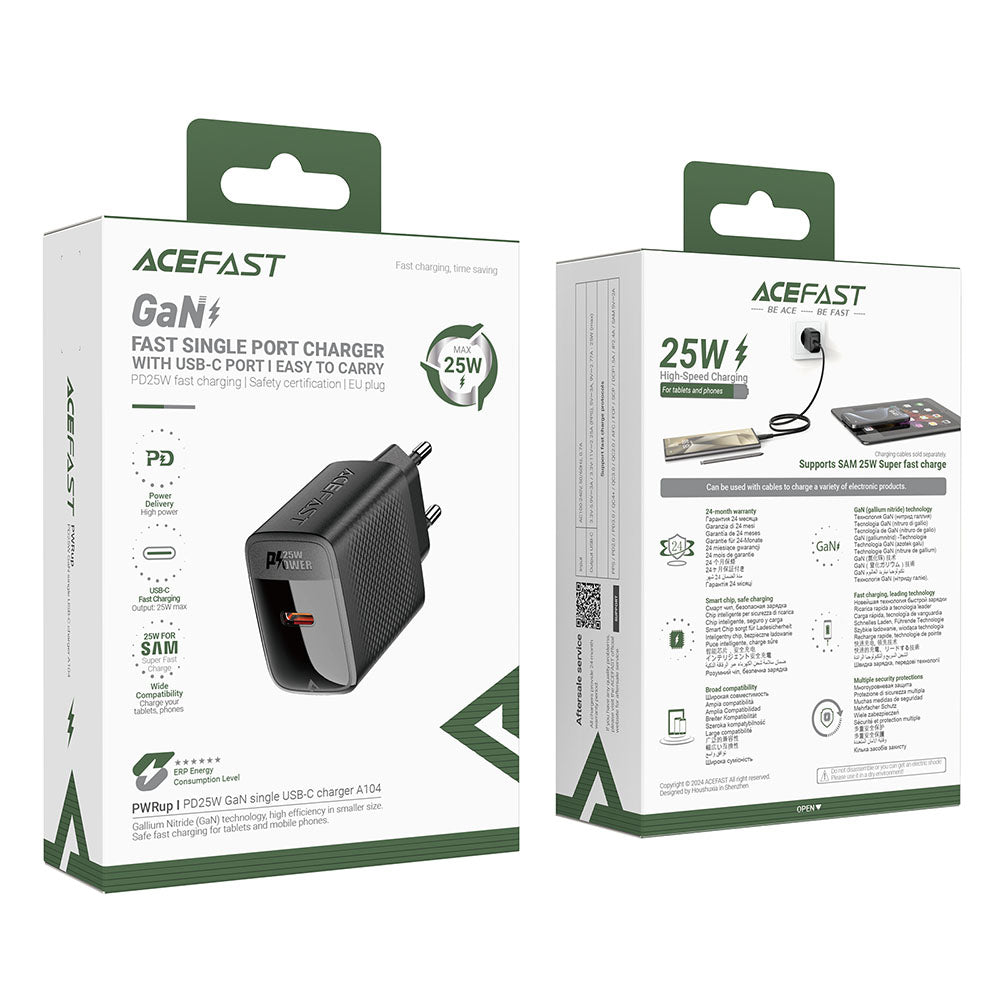 Acefast - Wall Charger (A104) - USB-C, PD25W, GaN Technology, Fast Charging Compatibility - Black