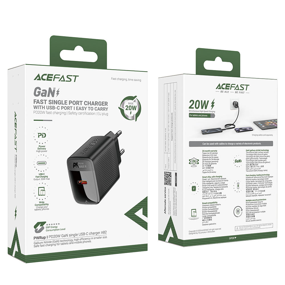 Acefast - Wall Charger (A82) - Type-C, GaN Technology, PD20W, Supports Fast Charging - Black