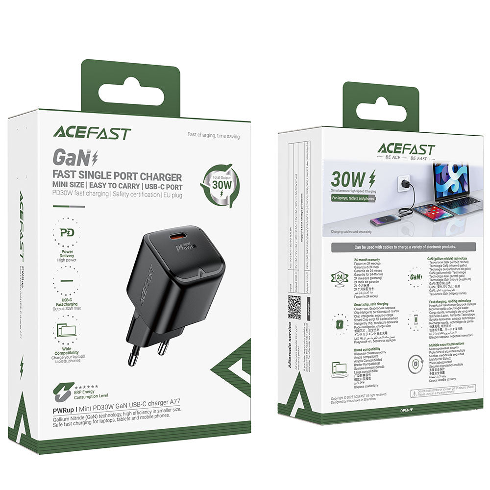 Acefast - Wall Charger (A77) - Type-C, Mini GaN Charger, 30W, Power Delivery - Black