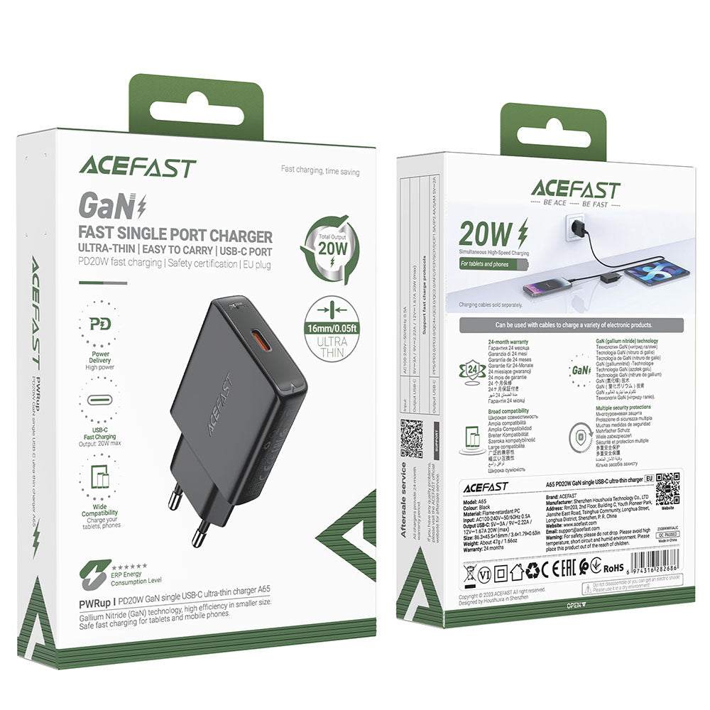 Acefast - Wall Charger (A65) - Type-C, GaN Technology, 20W, Power Delivery - Black