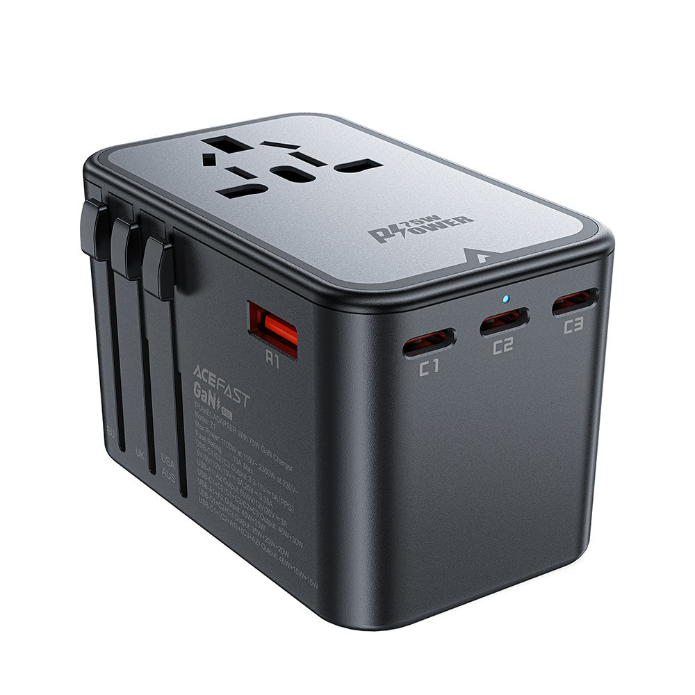 Acefast Incarcator Acefast Travel Adapter (Z1), 3x Type-C, 2x USB, GaN, EU, UK, AUS, US, PD75W, Multifunctional Fast Cha