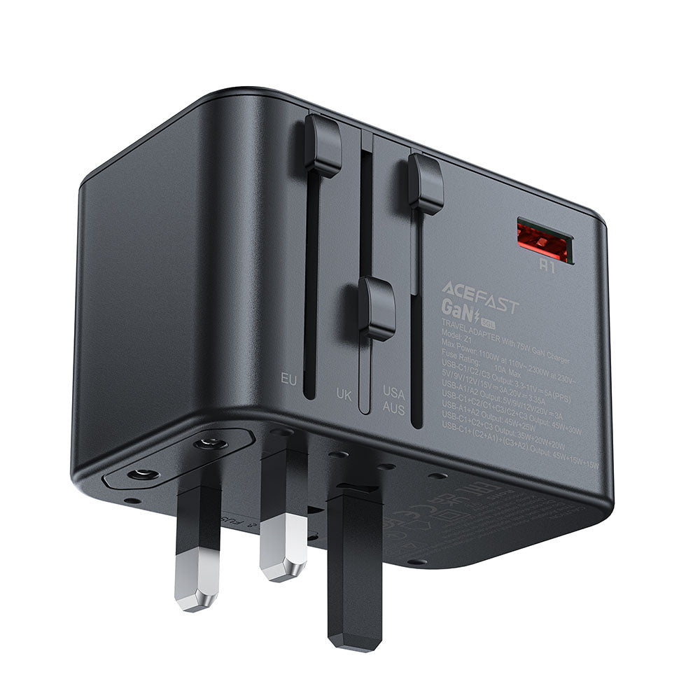 Acefast Incarcator Acefast Travel Adapter (Z1), 3x Type-C, 2x USB, GaN, EU, UK, AUS, US, PD75W, Multifunctional Fast Cha