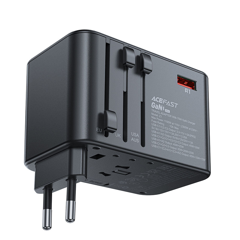 Acefast Incarcator Acefast Travel Adapter (Z1), 3x Type-C, 2x USB, GaN, EU, UK, AUS, US, PD75W, Multifunctional Fast Cha