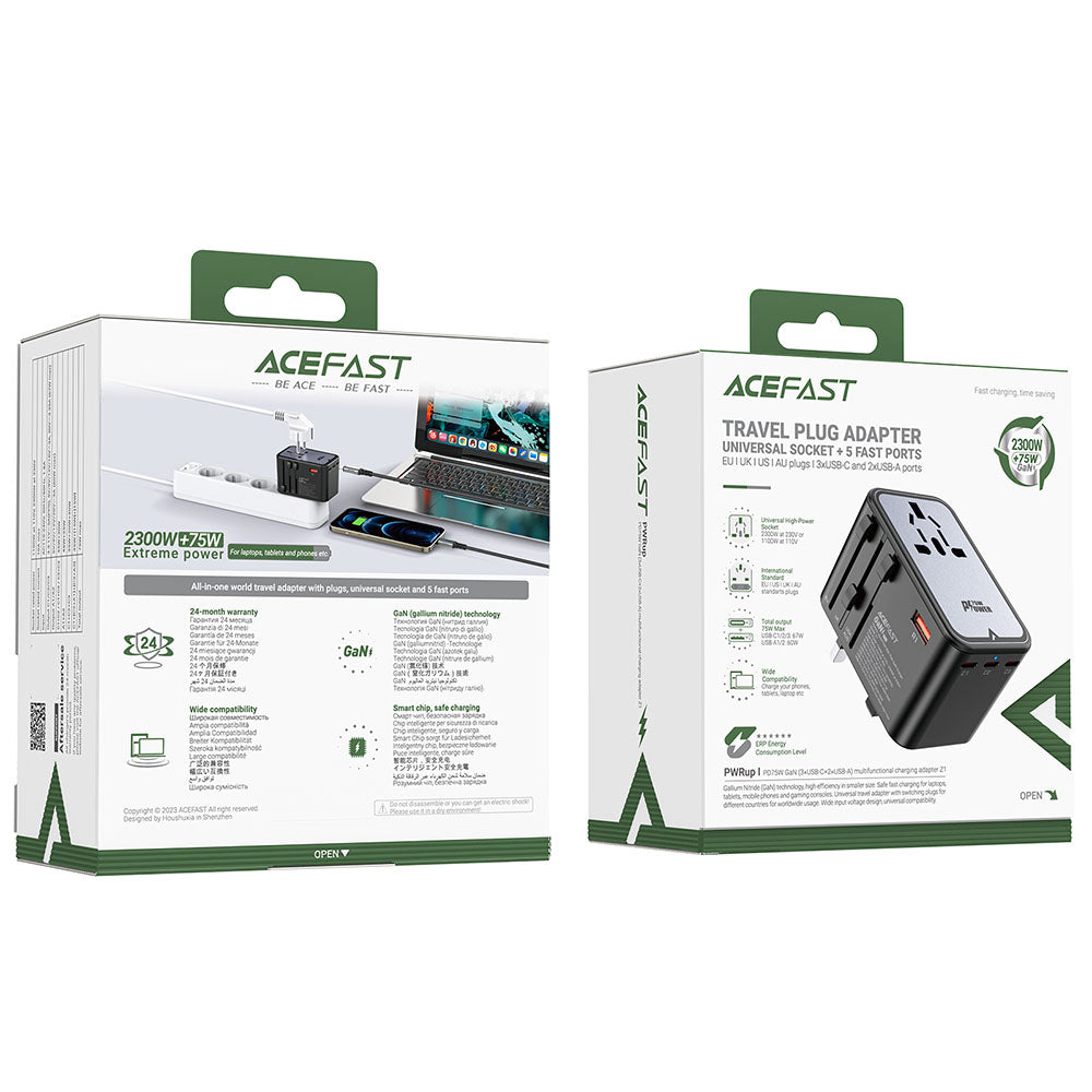 Acefast Incarcator Acefast Travel Adapter (Z1), 3x Type-C, 2x USB, GaN, EU, UK, AUS, US, PD75W, Multifunctional Fast Cha