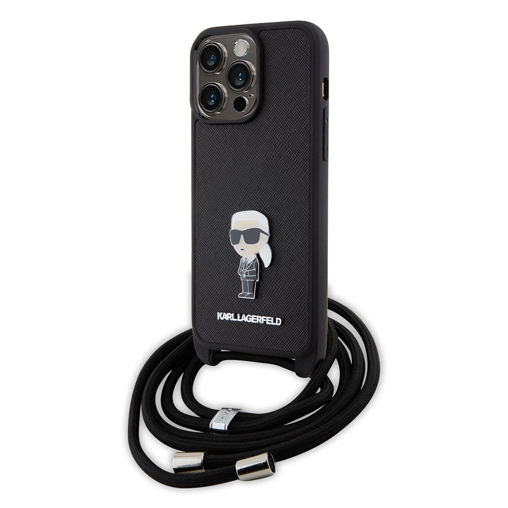 Karl Lagerfeld - Saffiano Crossbody (KLHCP15XSASKNPSK) - iPhone 15 Pro Max - Monogram Metal Pin Karl