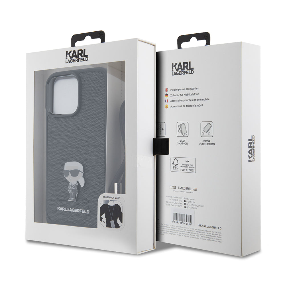 Karl Lagerfeld - Saffiano Crossbody (KLHCP15XSASKNPSK) - iPhone 15 Pro Max - Monogram Metal Pin Karl