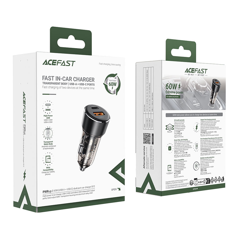 Acefast - Car Charger (B12) - Dual-port, Type-C, USB, Dual Fast Charging, 60W - Black