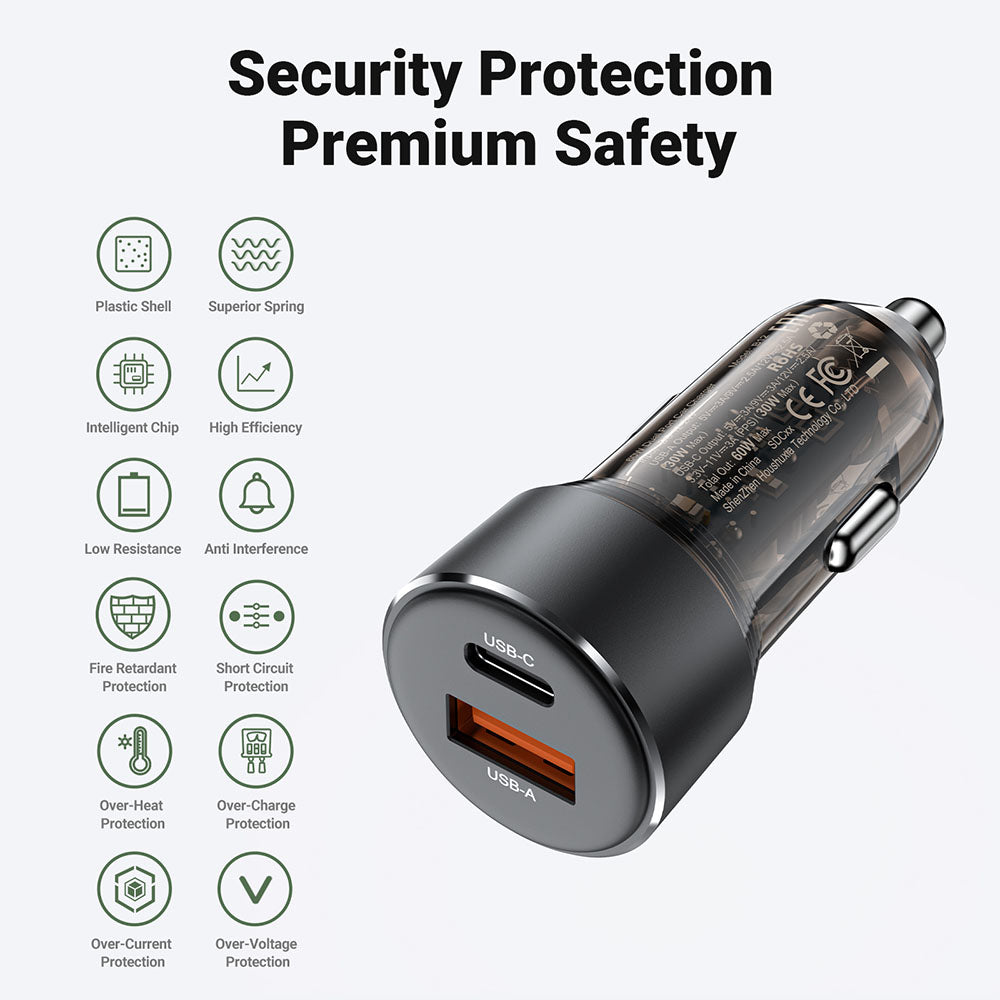 Acefast - Car Charger (B12) - Dual-port, Type-C, USB, Dual Fast Charging, 60W - Black