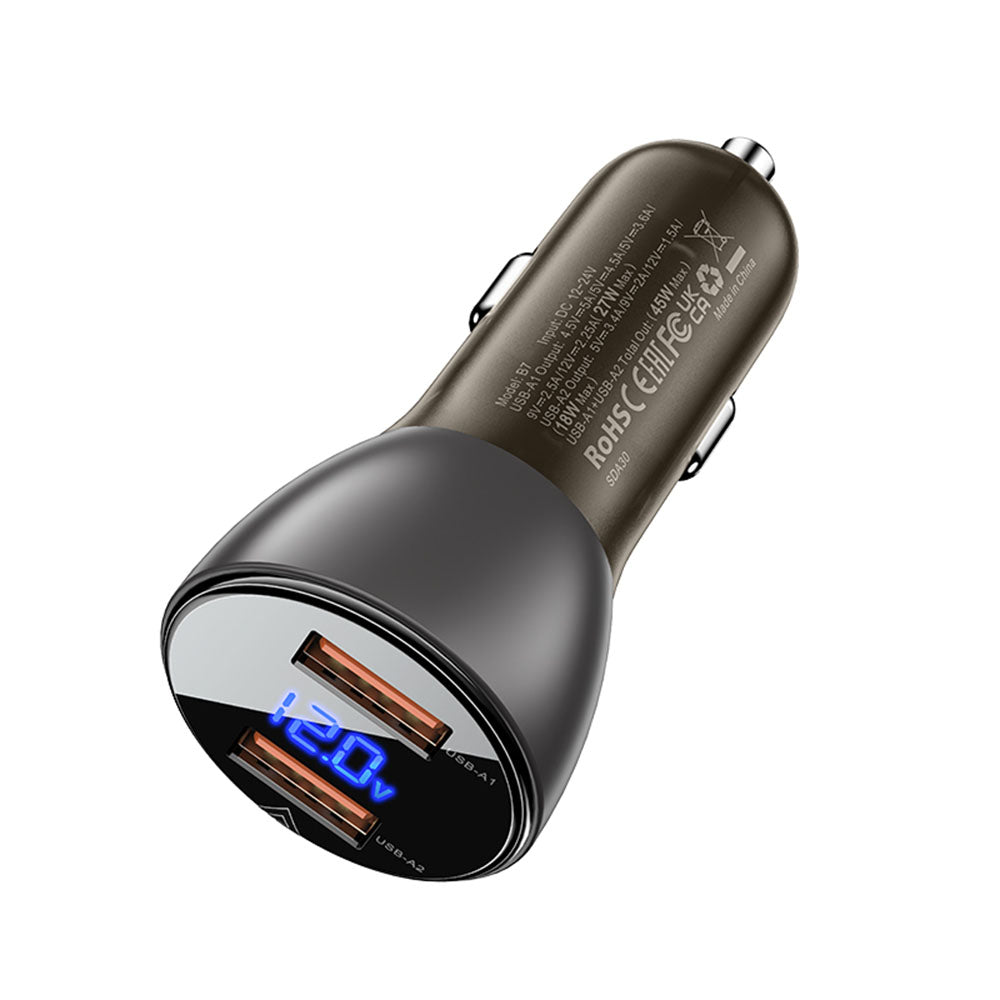 Acefast - Car Charger (B7) - 2x USB, 45W, Dual Fast Charging, with LED Digital Display - Transparent Black