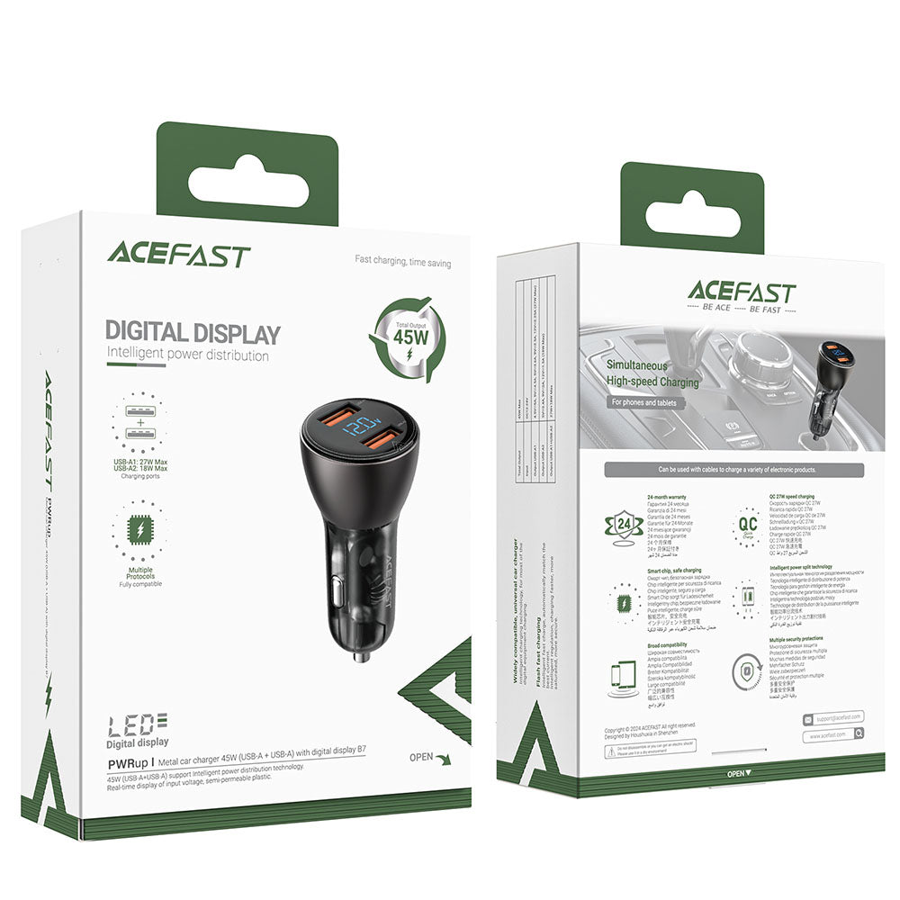 Acefast - Car Charger (B7) - 2x USB, 45W, Dual Fast Charging, with LED Digital Display - Transparent Black