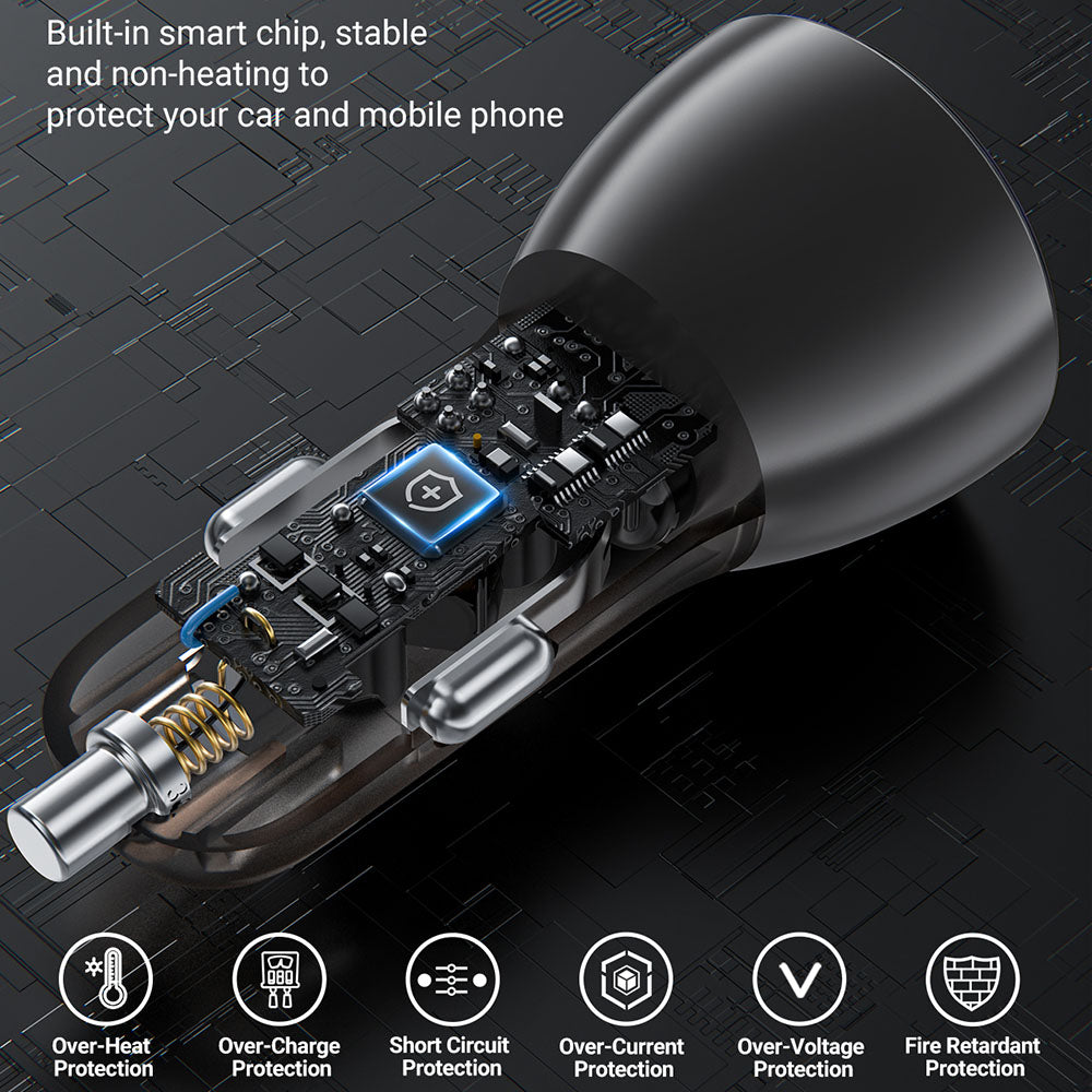 Acefast - Car Charger (B7) - 2x USB, 45W, Dual Fast Charging, with LED Digital Display - Transparent Black