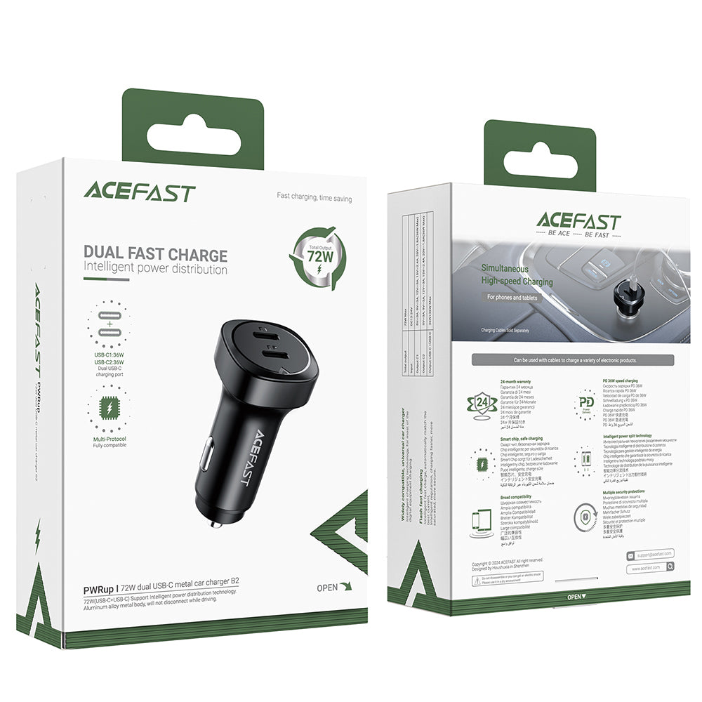 Acefast - Car Charger (B2) - 2x Type-C, Dual PD Fast Charging, 72W, Built-in Voltage Regulator Chip - Black