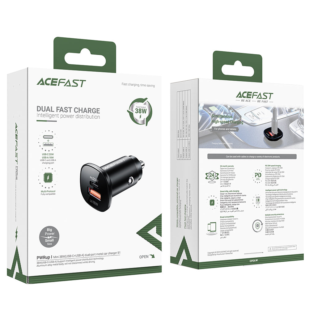 Acefast - Car Charger (B1) - Type-C, USB, Dual-Port, 38W, PD Fast Charging, with LED Light - Black