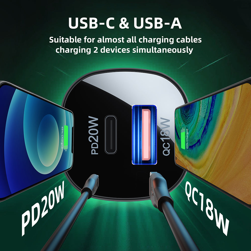 Acefast - Car Charger (B1) - Type-C, USB, Dual-Port, 38W, PD Fast Charging, with LED Light - Black