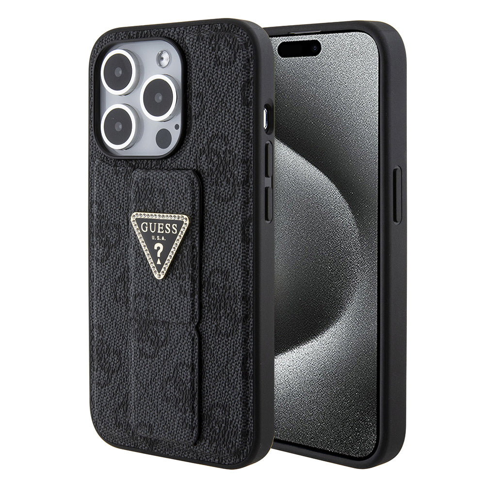 Guess Husa de protectie Guess Grip Stand 4G Triangle Strass (GUHCP15XPGS4TDK) compatibil cu iPhone 15 Pro Max, Negru
