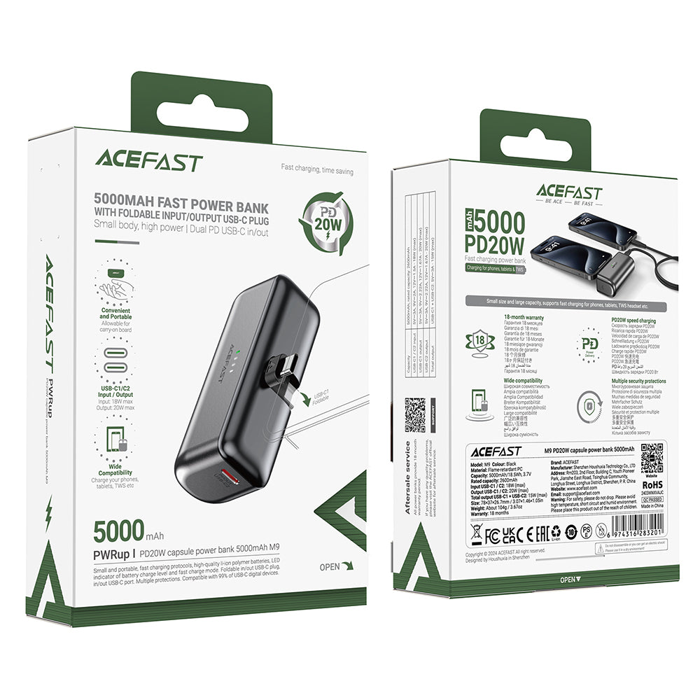 Baterie externa Acefast M9-5000, 5000mAh, 2x Type-C, PD20W, Negru