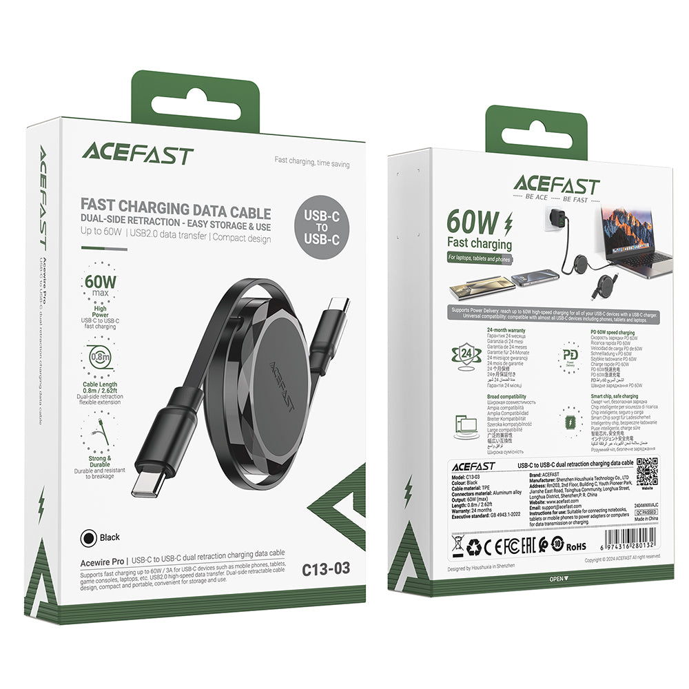 Acefast Cablu Acefast (C13-03), Type-C to Type-C, 60W, Dual Retraction Charging Data Cable, Fast Charging, 0.8m, Negru –