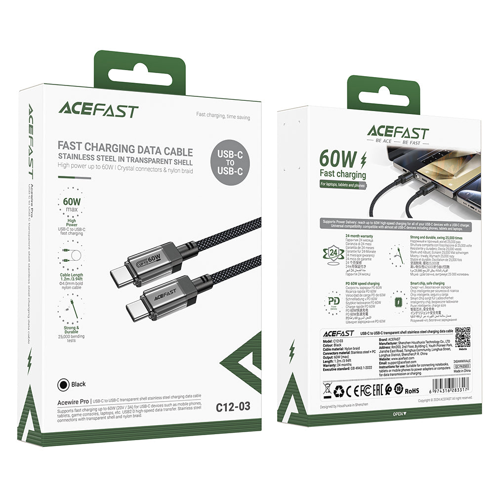Acefast - Data Cable (C12-03) - Type-C to Type-C, 60W, High-Speed Charging, 1.2m - Black