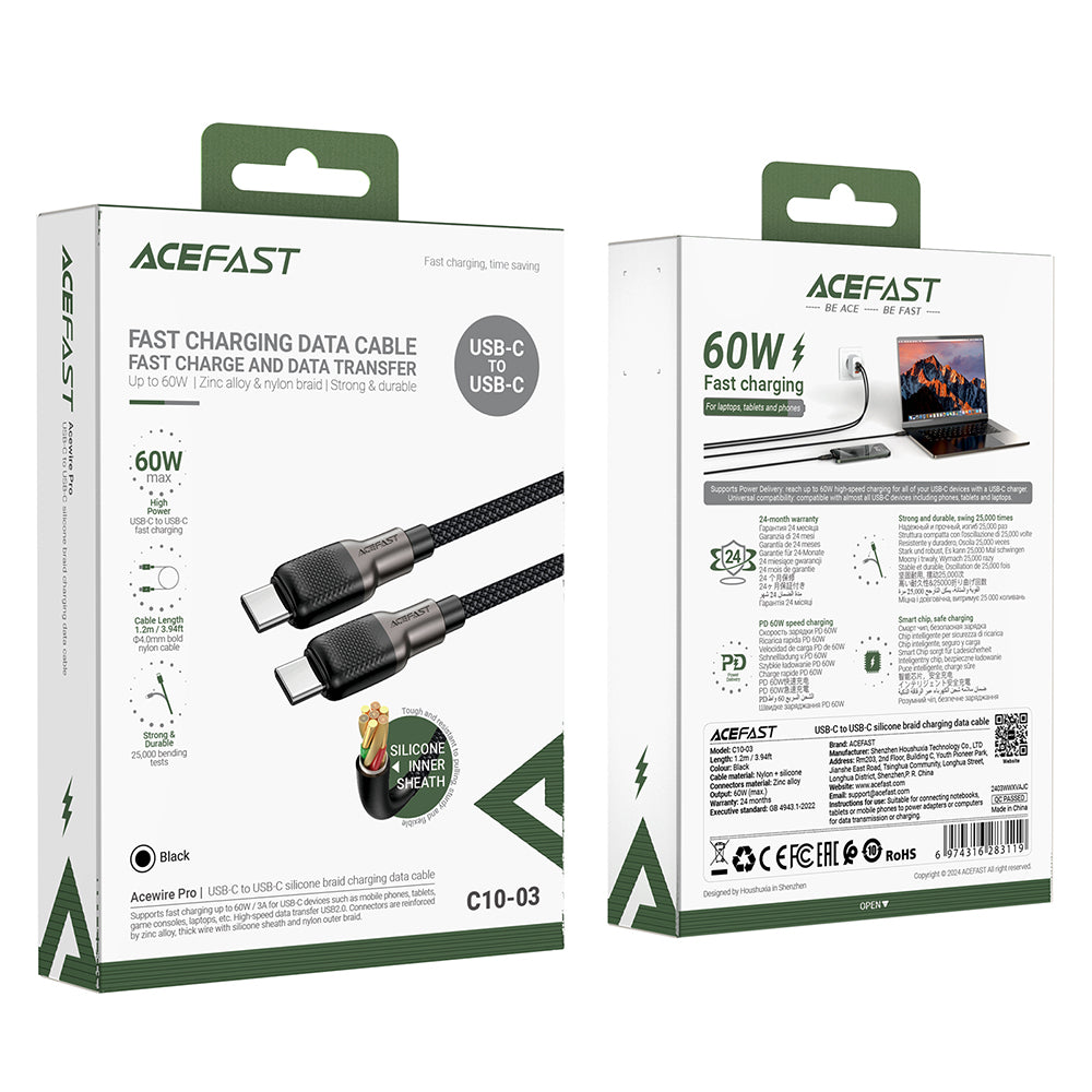 Acefast - Data Cable (C10-03) - Type-C to Type-C, 60W, High-Speed Charging, 1.2m - Black