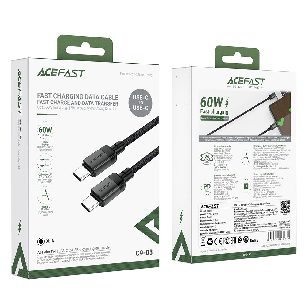 Acefast - Data Cable (C9-03) - Type-C to Type-C, Fast Charging, 60W, 1.2m - Black