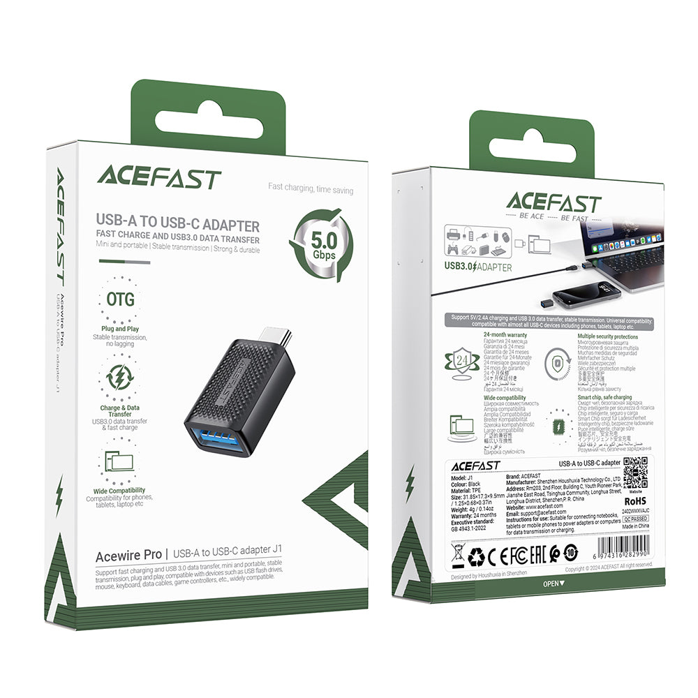 Acefast - Adapter (J1) - Type-C to USB 3.0, 5Gbps, Fast Charging, Data Transmission - Black