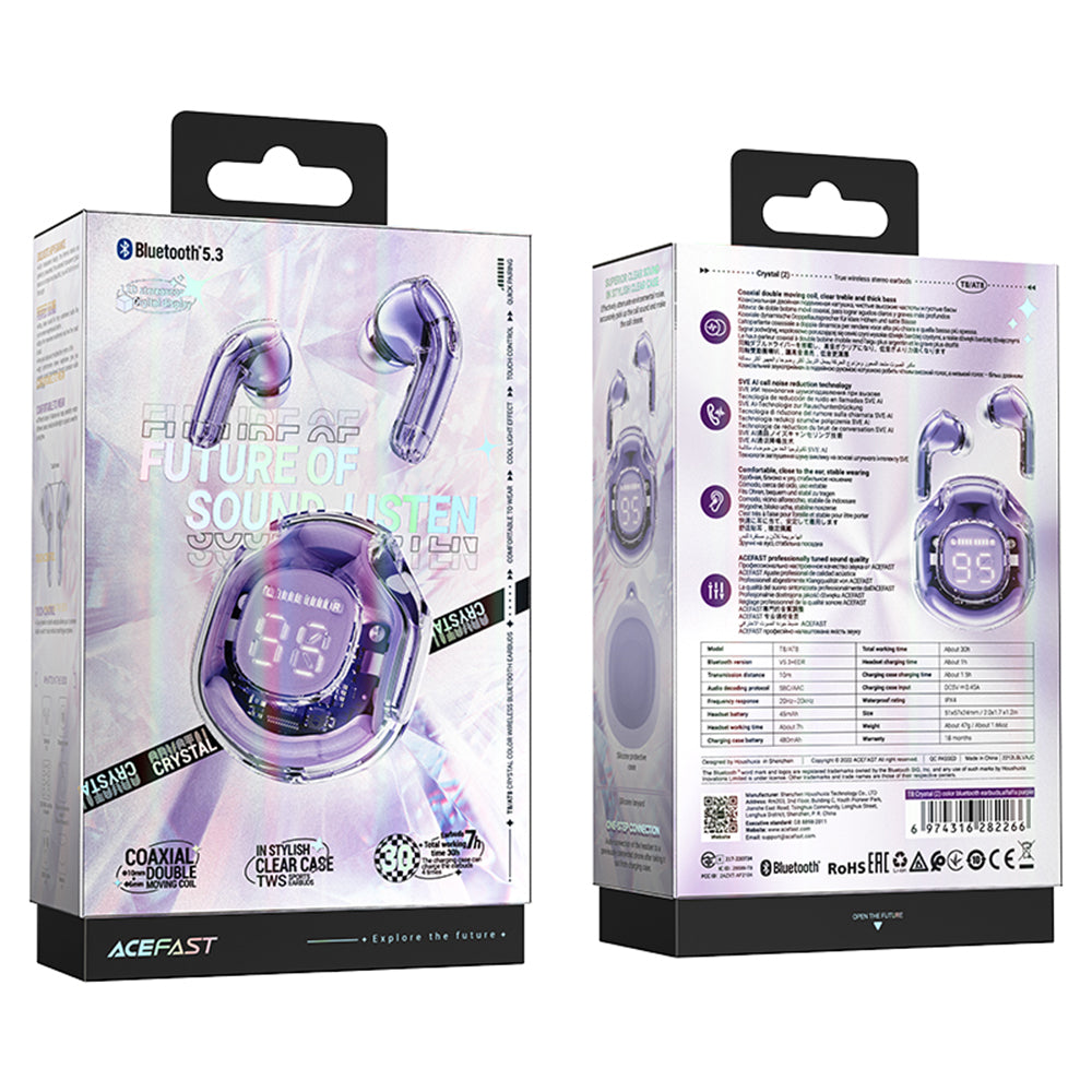 Acefast - Wireless Earbuds (T8) - USB-C, IPX4, Bluetooth 5.3, AI Call Noise Reduction, Digital Display, 480mAh - Purple
