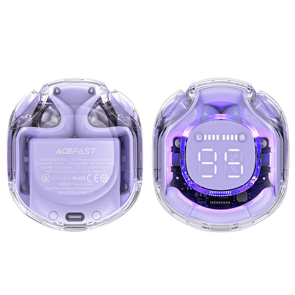 Acefast - Wireless Earbuds (T8) - USB-C, IPX4, Bluetooth 5.3, AI Call Noise Reduction, Digital Display, 480mAh - Purple