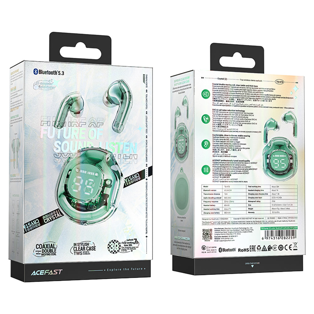 Acefast - Wireless Earbuds (T8) - USB-C, IPX4, Bluetooth 5.3, AI Call Noise Reduction, Digital Display, 480mAh - Mint Gr