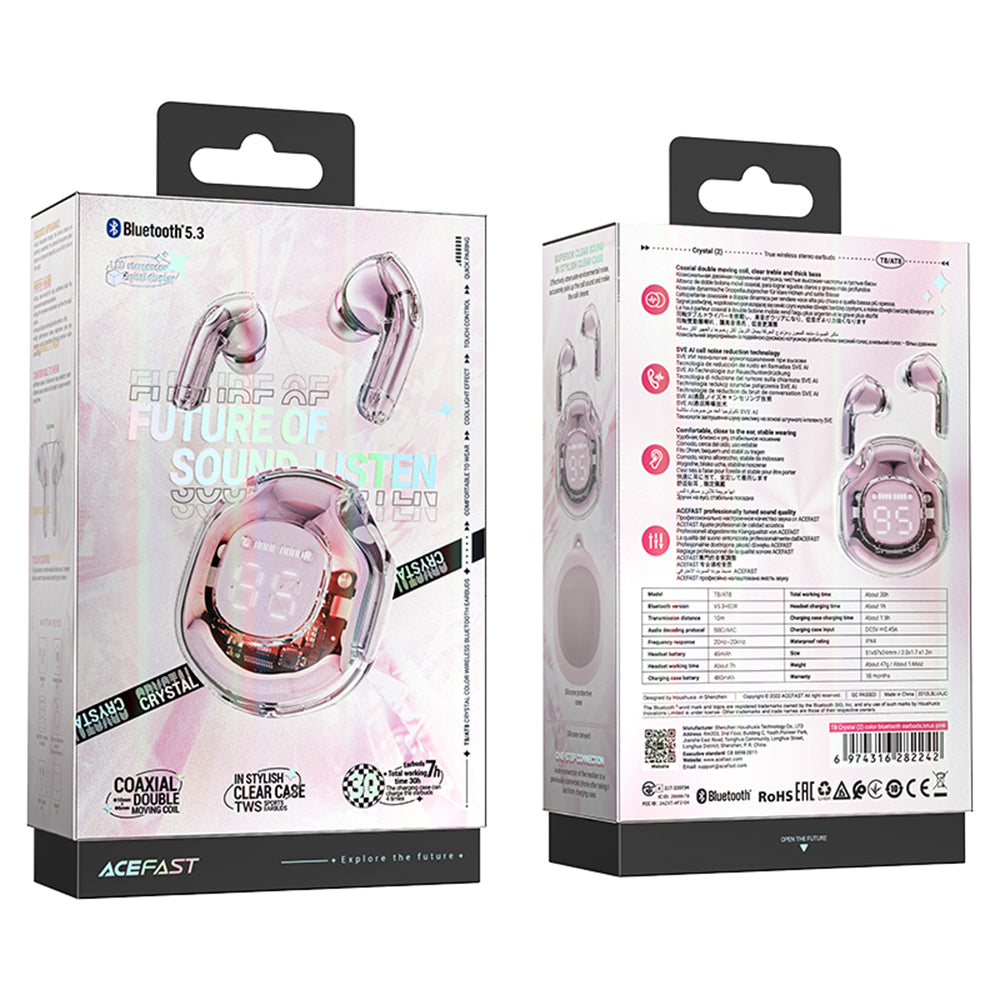 Acefast - Wireless Earbuds (T8) - USB-C, IPX4, Bluetooth 5.3, AI Call Noise Reduction, Digital Display, 480mAh - Lotus P