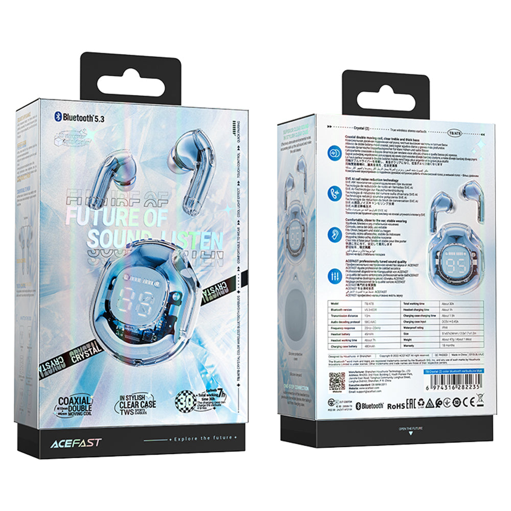 Acefast - Wireless Earbuds (T8) - USB-C, IPX4, Bluetooth 5.3, AI Call Noise Reduction, Digital Display, 480mAh - Ice Blu