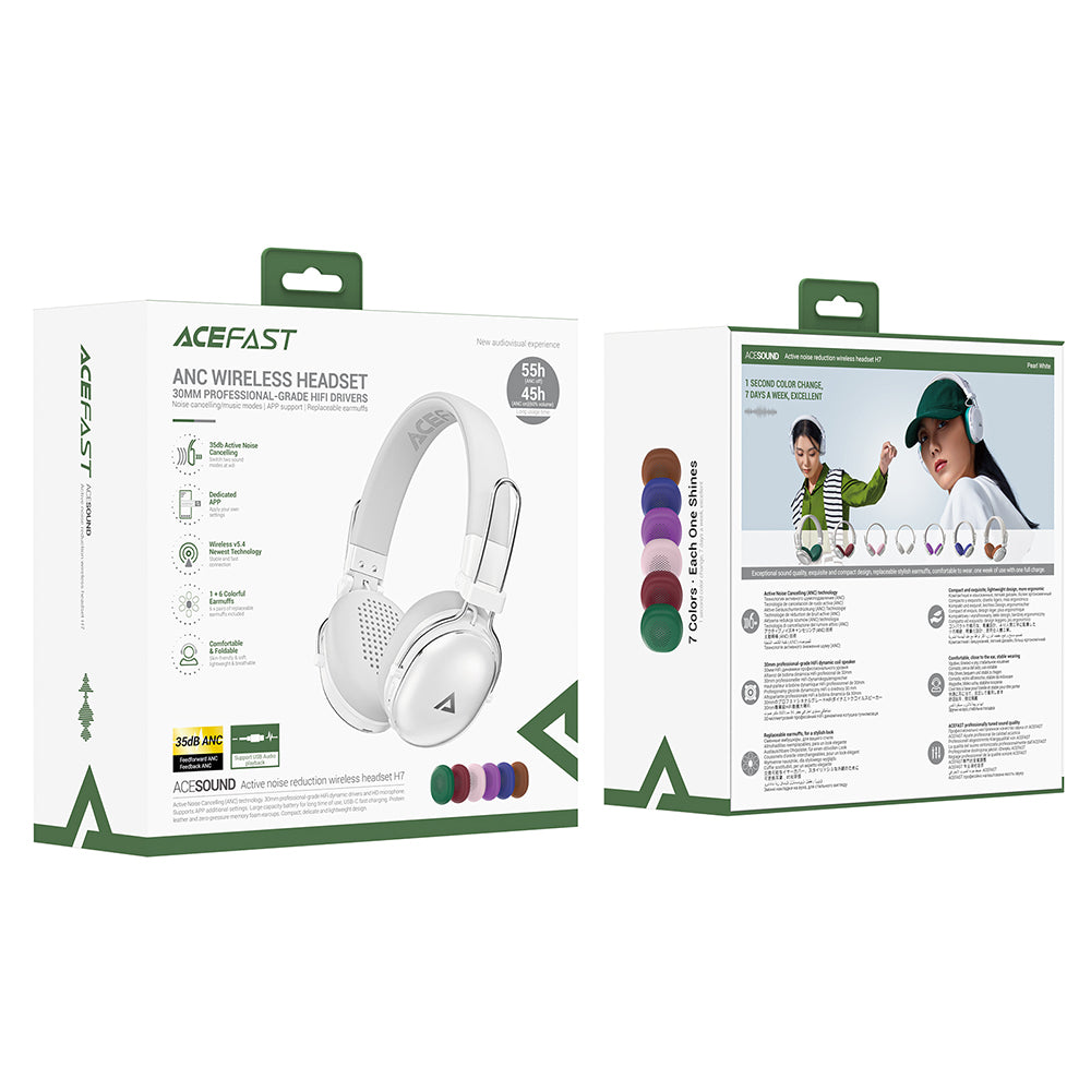 Acefast - Wireless Headset (H7) - Type-C, Bluetooth 5.4, Active Noise Reduction, IP54, 500mAh, Hi-Fi Sound - Pearl White