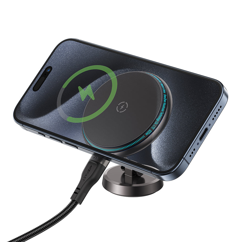 Acefast - Car Holder with Wireless Charging (D30) - for iPhone, Magnetic Grip, 360°, LED Light, for Dashboard, 15W - Bla