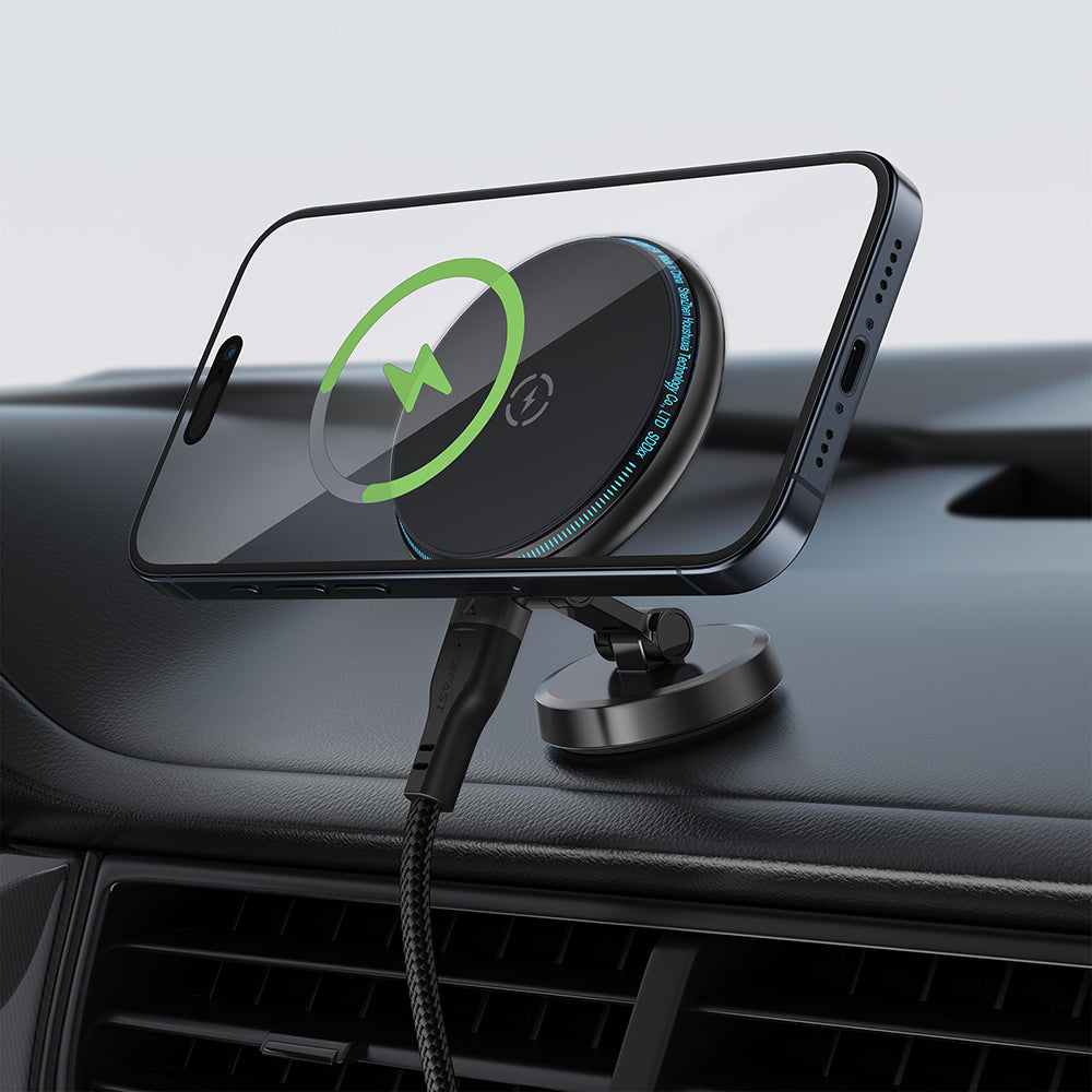 Acefast - Car Holder with Wireless Charging (D30) - for iPhone, Magnetic Grip, 360°, LED Light, for Dashboard, 15W - Bla