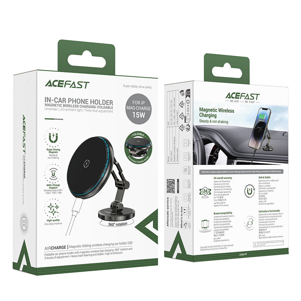 Acefast - Car Holder with Wireless Charging (D30) - for iPhone, Magnetic Grip, 360°, LED Light, for Dashboard, 15W - Bla