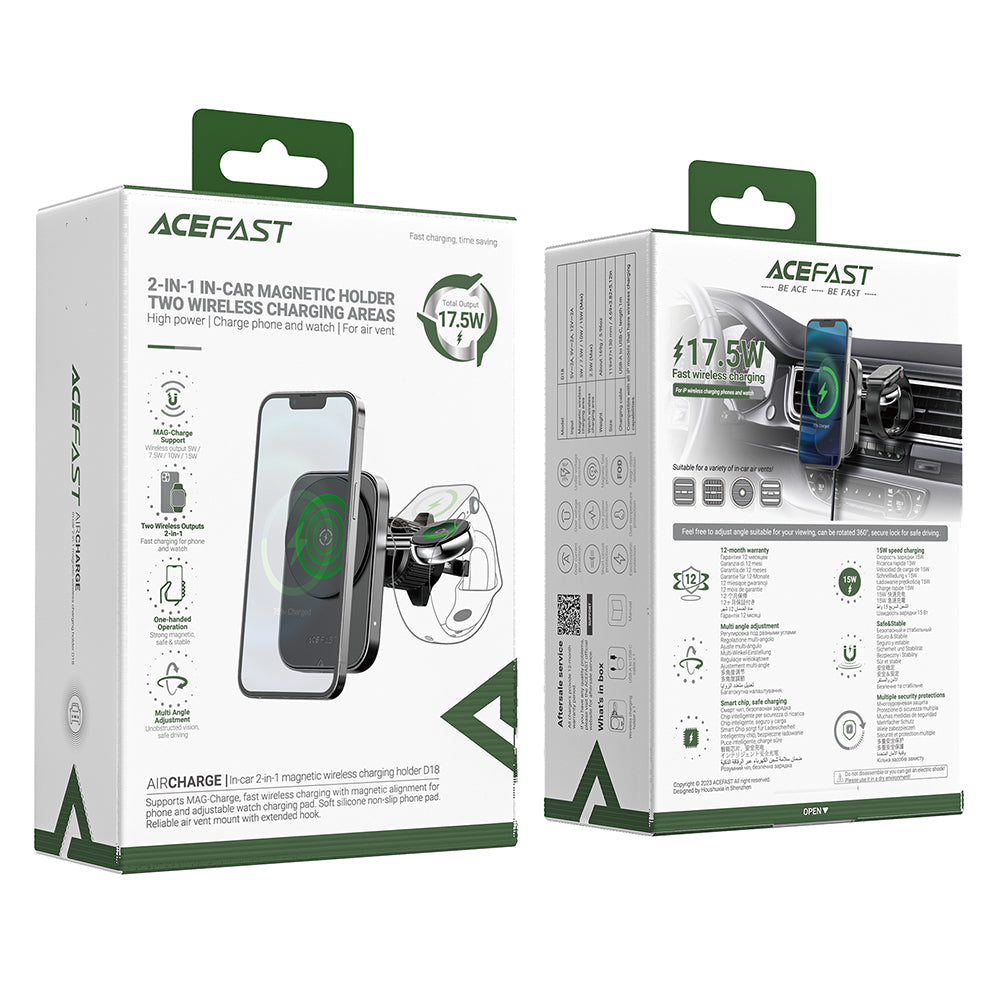 Acefast - Car Holder with Wireless Charging (D18) - for iPhone, 2in1 Wireless Fast Charging, for Air Vant, Lock Clip - B