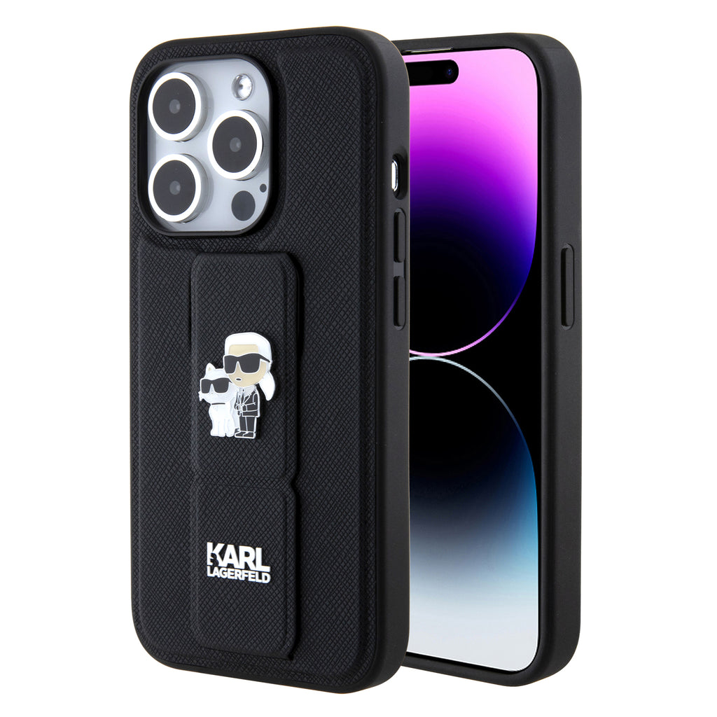 Karl Lagerfeld - Saffiano Gripstand (KLHCP15LGSAKCPK) - iPhone 15 Pro - Karl&Choupette Pins