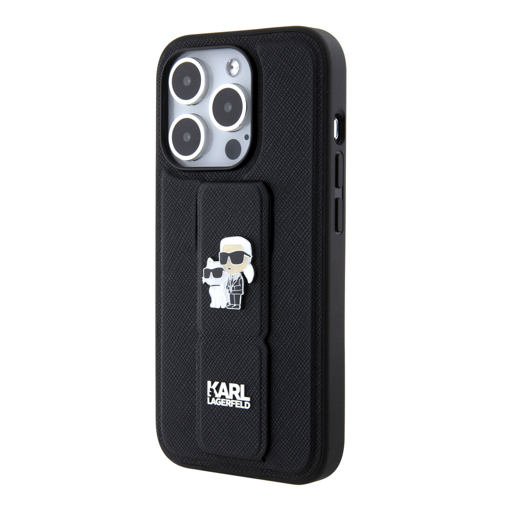 Karl Lagerfeld - Saffiano Gripstand (KLHCP15LGSAKCPK) - iPhone 15 Pro - Karl&Choupette Pins