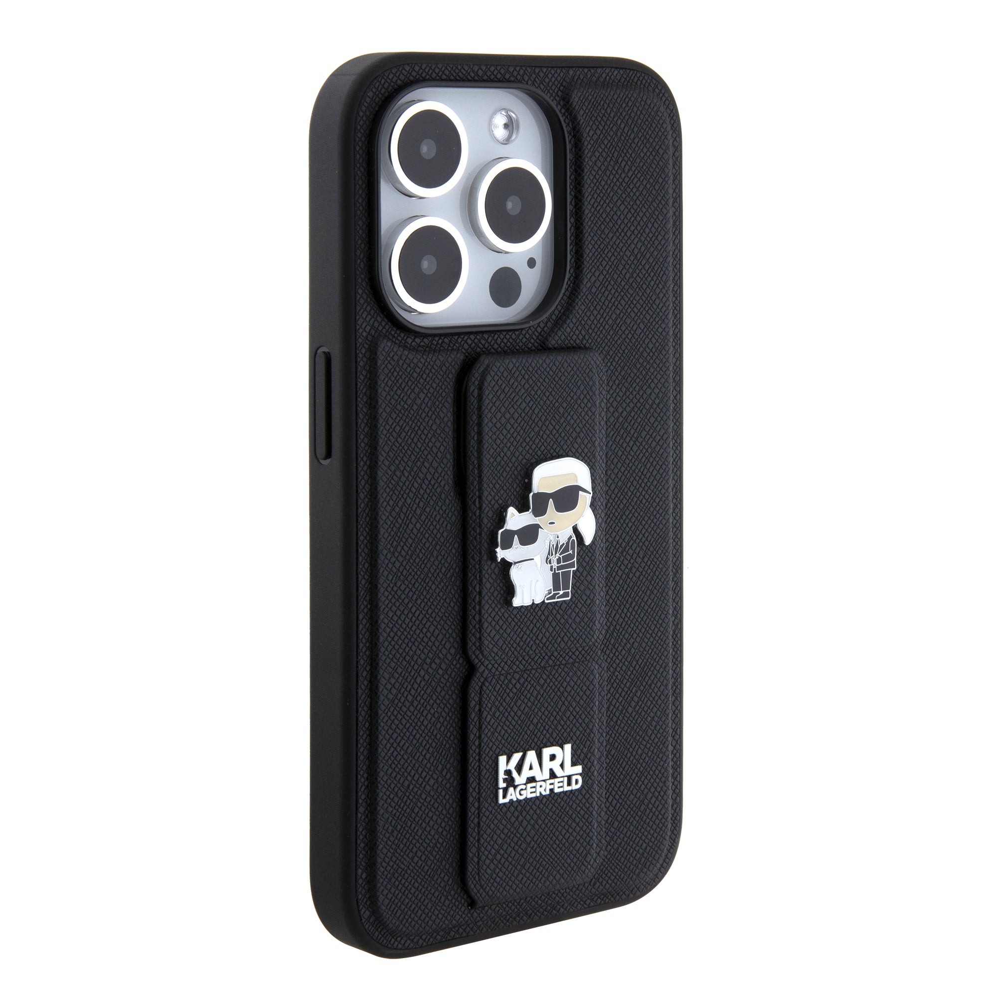Karl Lagerfeld - Saffiano Gripstand (KLHCP15LGSAKCPK) - iPhone 15 Pro - Karl&Choupette Pins