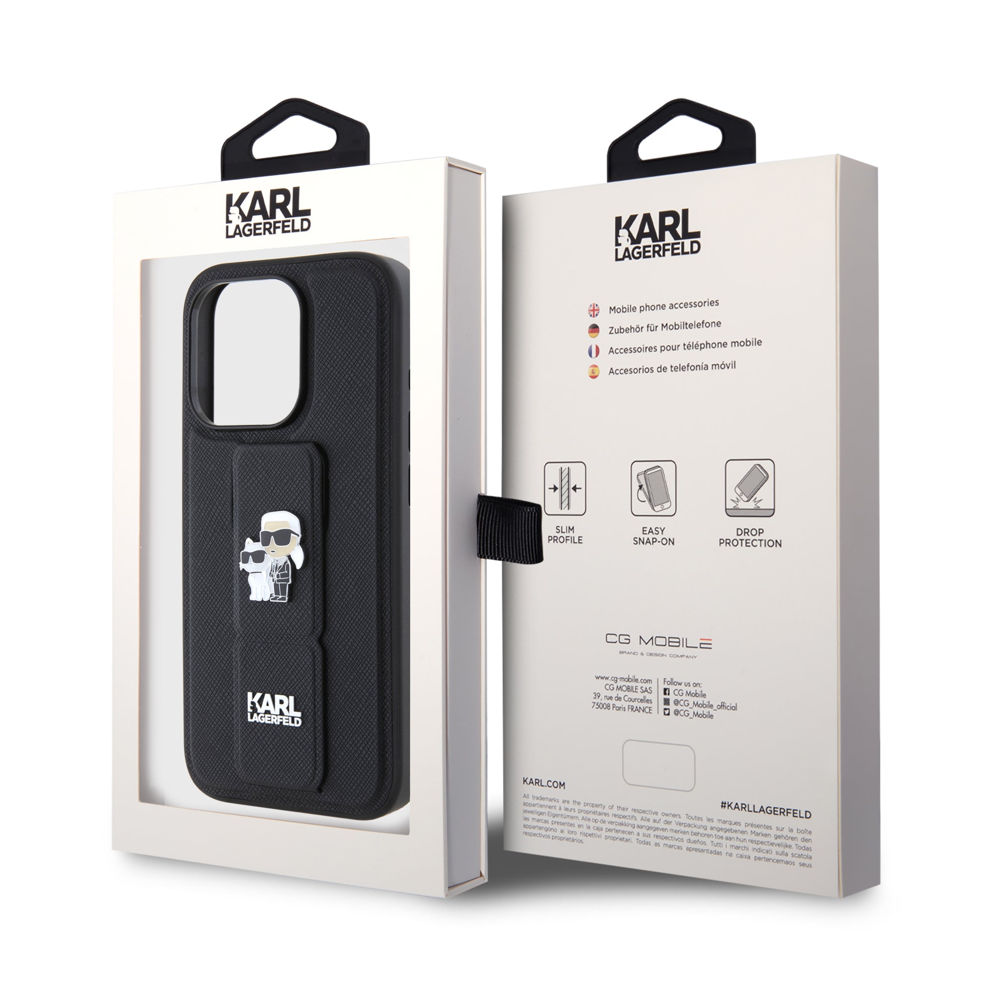 Karl Lagerfeld - Saffiano Gripstand (KLHCP15LGSAKCPK) - iPhone 15 Pro - Karl&Choupette Pins