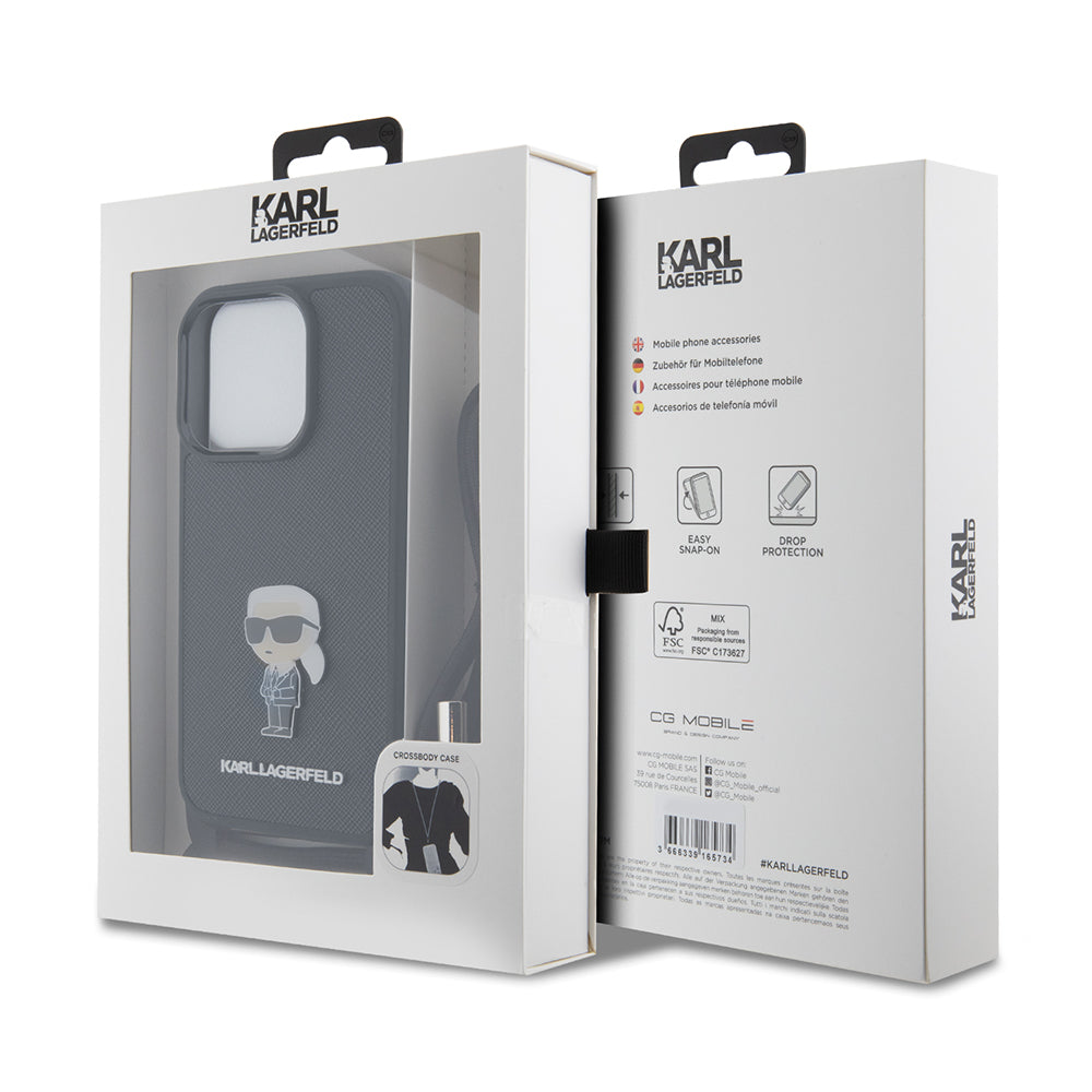 Karl Lagerfeld - Saffiano Crossbody (KLHCP15LSASKNPSK) - iPhone 15 Pro - Monogram Metal Pin Karl