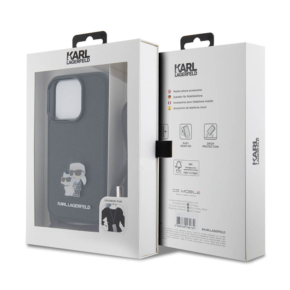 Karl Lagerfeld - Saffiano Crossbody (KLHCP15LSAKCPSK) - iPhone 15 Pro - Metal Pin Karl&Choupette