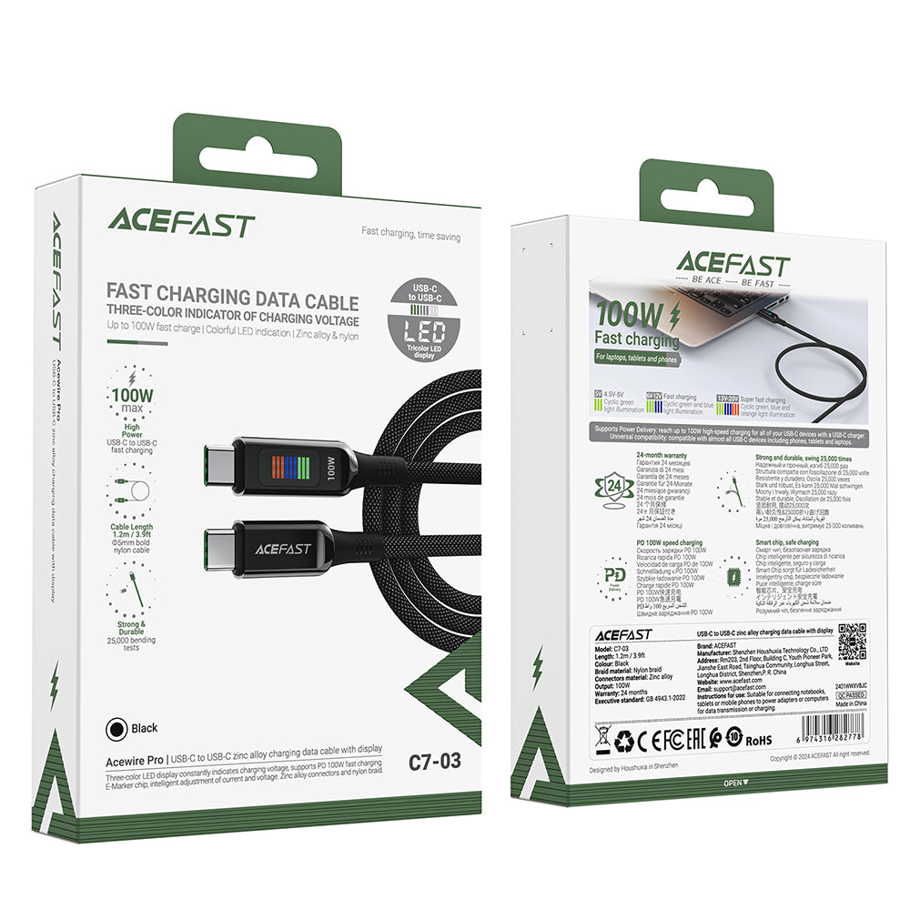 Acefast - Data Cable (C7-03) - Type-C to Type-C, 100W Fast Charging, 5A, LED Display, 1.2m - Black
