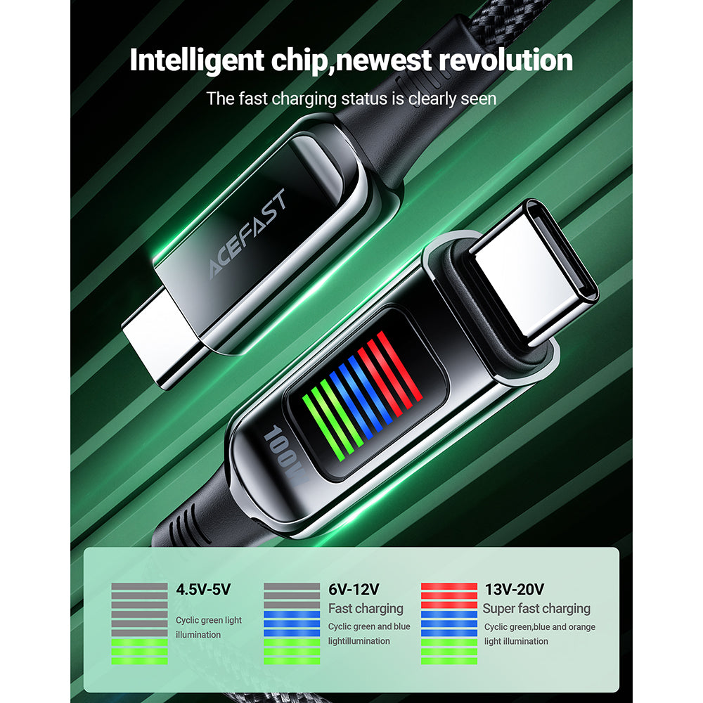 Acefast - Data Cable (C7-03) - Type-C to Type-C, 100W Fast Charging, 5A, LED Display, 1.2m - Black