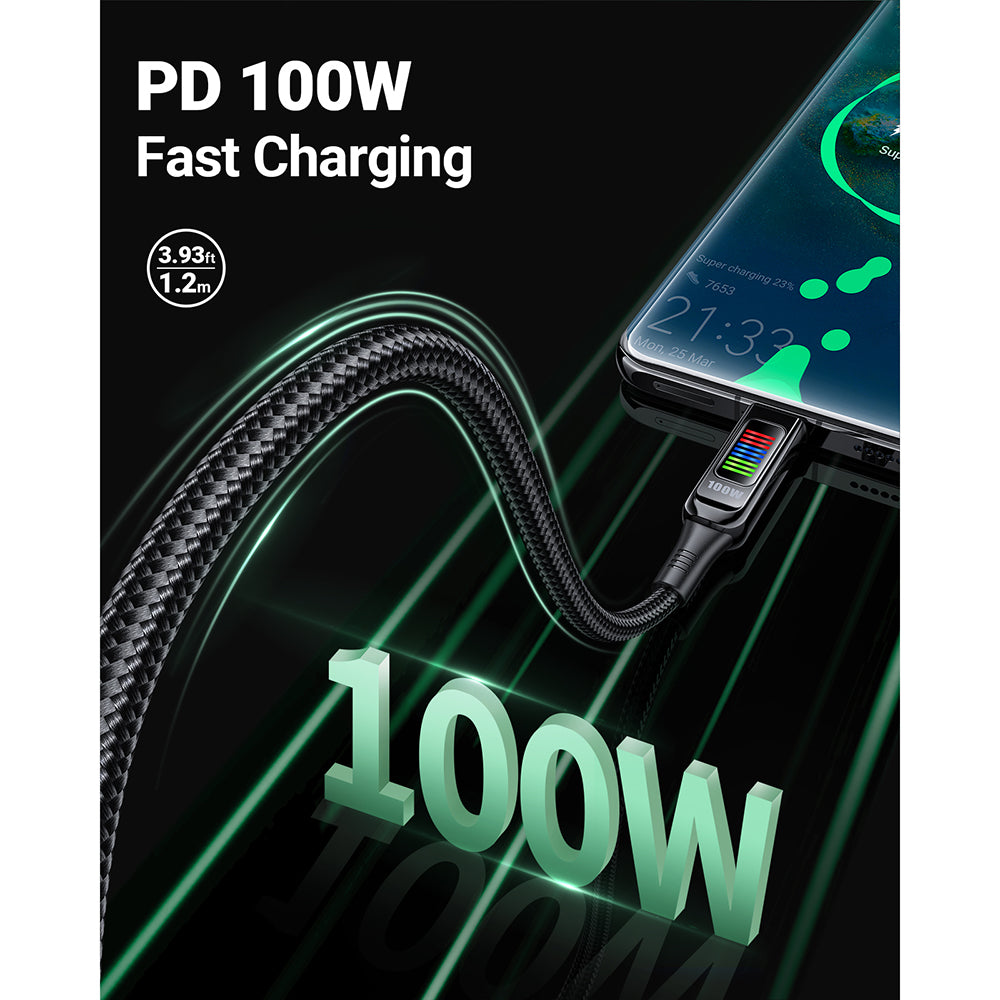 Acefast - Data Cable (C7-03) - Type-C to Type-C, 100W Fast Charging, 5A, LED Display, 1.2m - Black